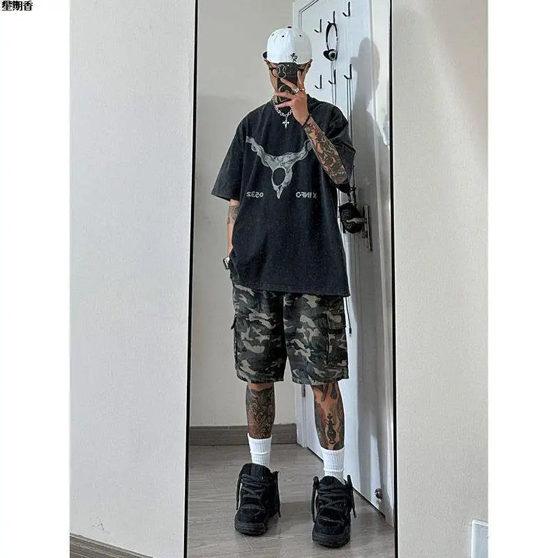 Men's Spliced elastic Loose Straight High Street Camouflage Design Five-point Denim Shorts