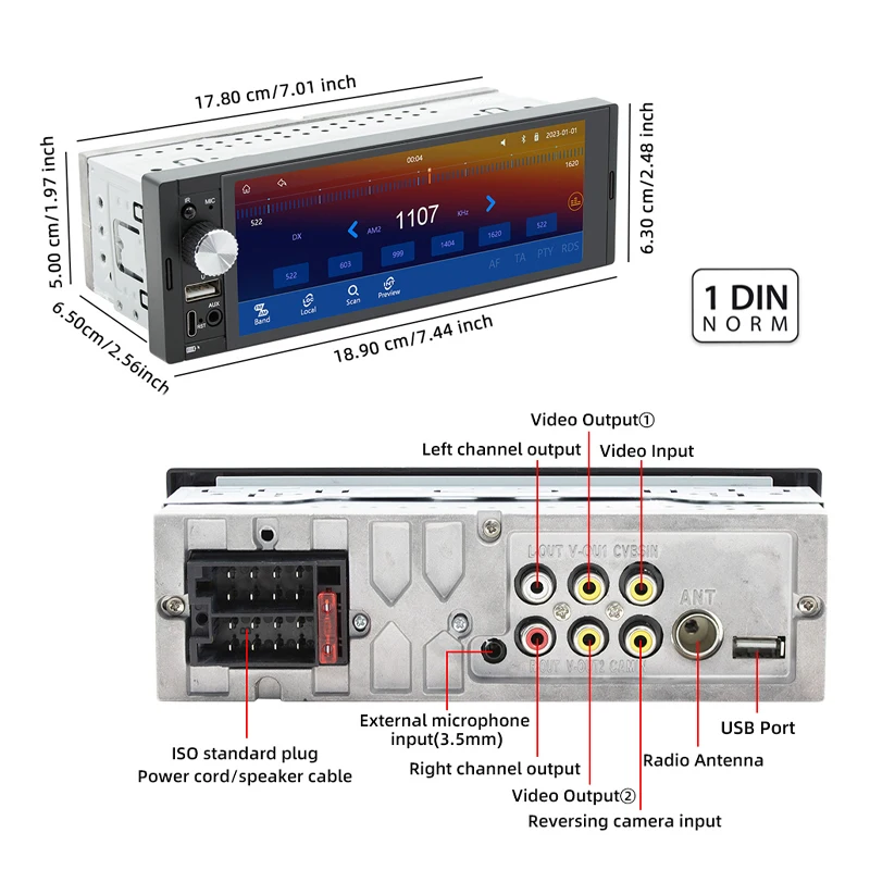 1 Din Car Radio Wireless CarPlay Android-Auto Bluetooth RDS FM USB Aux IPS Screen 6.36" Touch Screen Head Unit F6031W