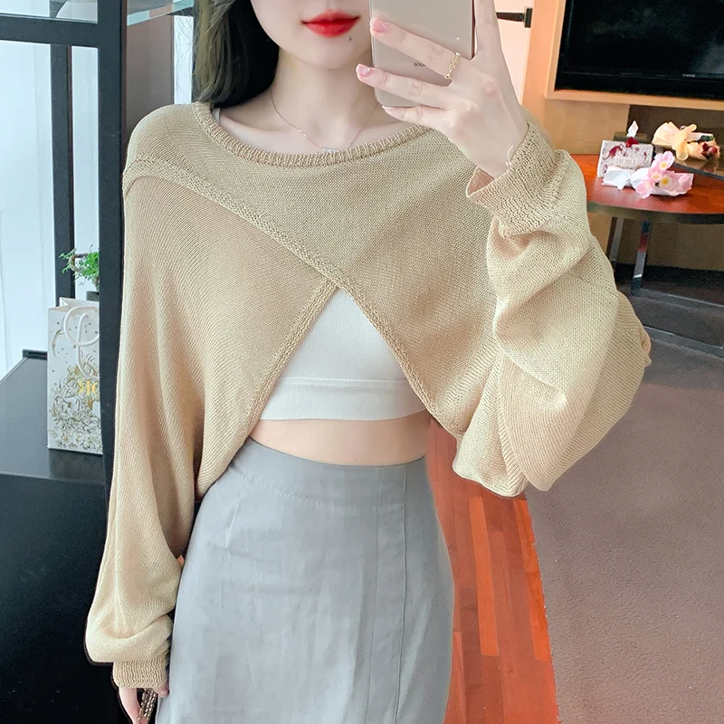 Summer Thin O Neck Knitted Shirt Women 2023 Batwing Sleeve Loose Casual Woman Blouse Elegant Solid Irregular Cropped Tops 26749