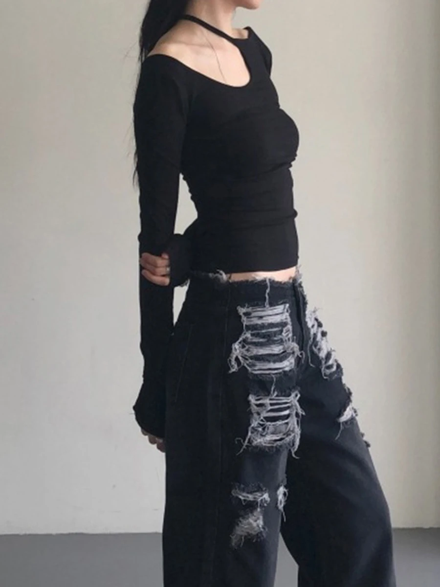 

Women Y2k Hollow Out Tops Asymmetrical Neck Slim Fit Shirts Punk Black Long Sleeve Blouses Streetwear Clothes