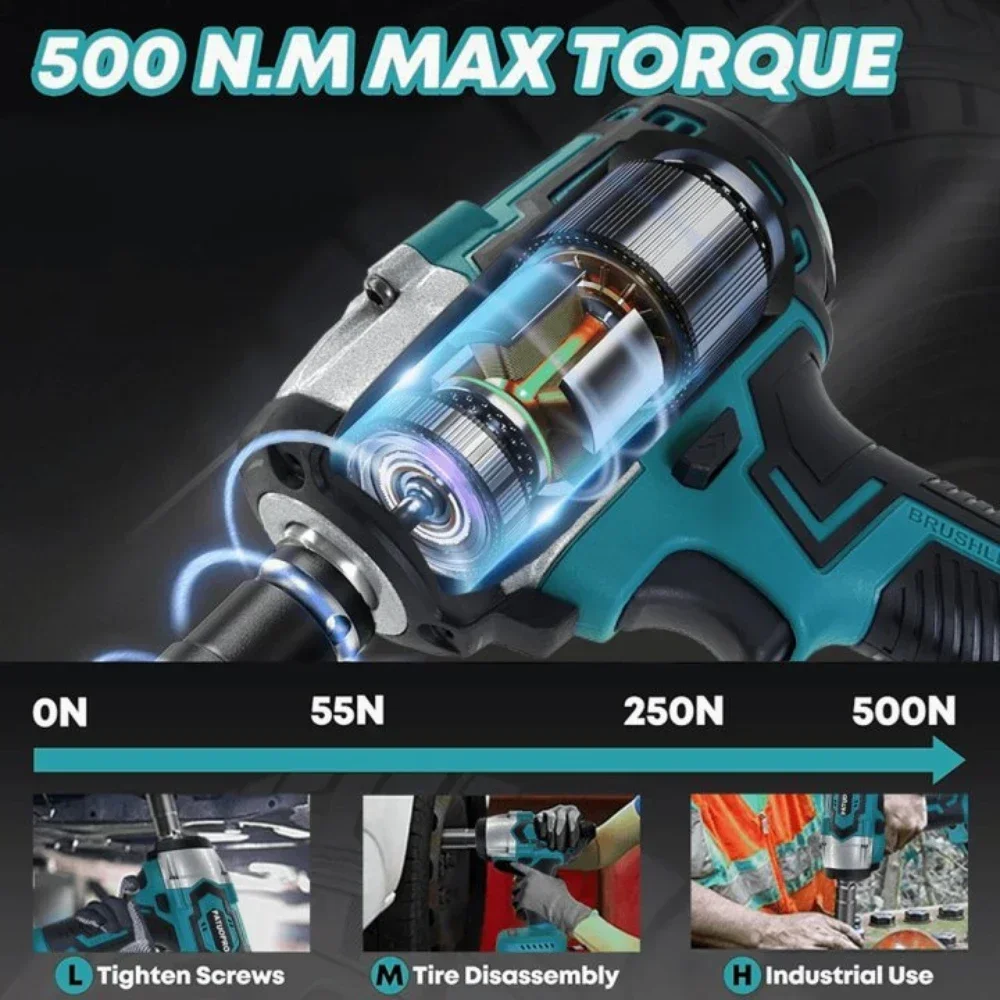 500N.m Brushless Impact Wrench 1/2 Inch Cordless Rechargeable Electric Wrench Home Power Tool For Makita 18V Battery(No Battery） 4