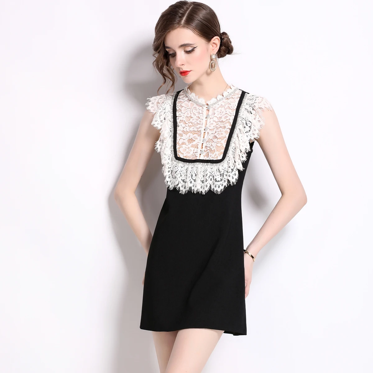 Summer Holiday Black White Lace Colloar Embroidery Short Party Dress Women  Brand Designger Beaded Diamonds Mini Vestidos - AliExpress 200000345