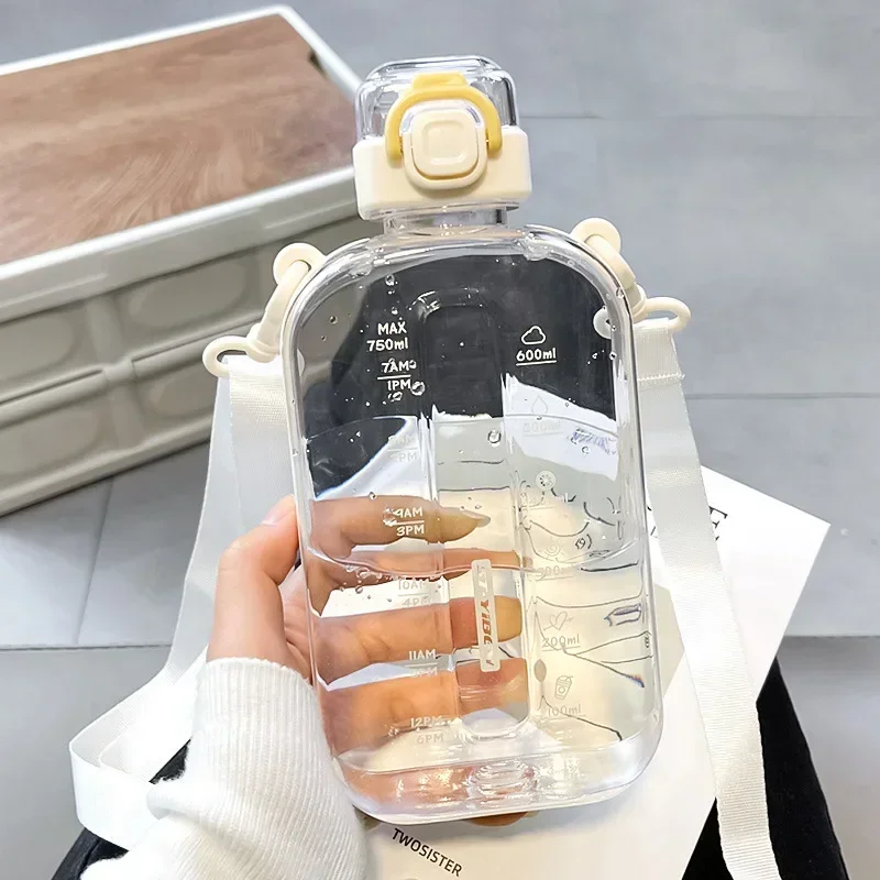 Slim Transparent Water Bottle with Adjustable Strap - Elegant Portable Canteen for Travel, Sports, and Camping