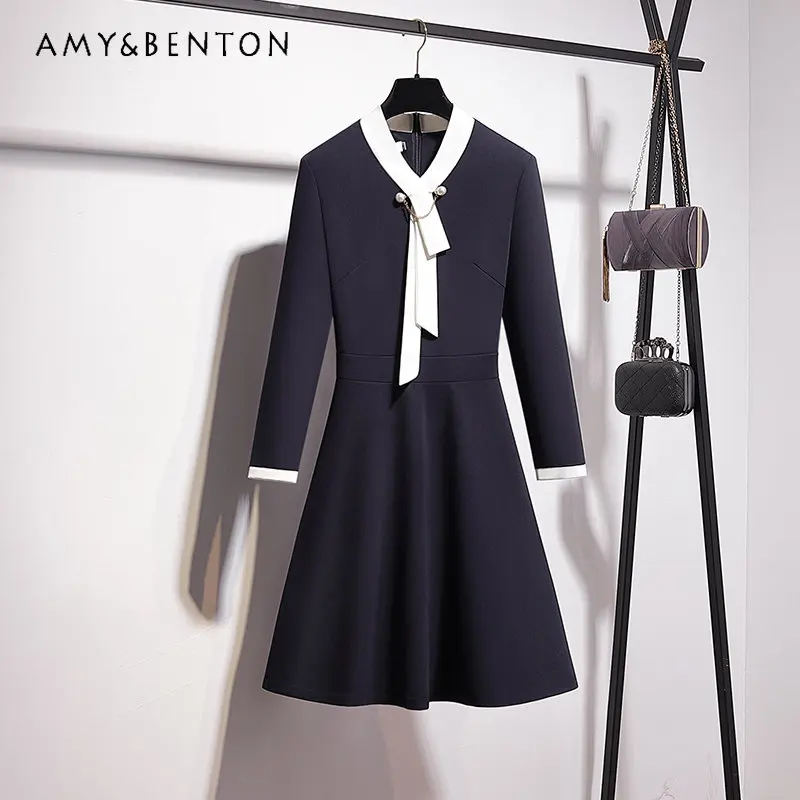 

Long Sleeve Younger Scarf Business Dress Women's Spring Autumn Elegant Slim Waist Covering Belly Thin Commuting Work Clothes
