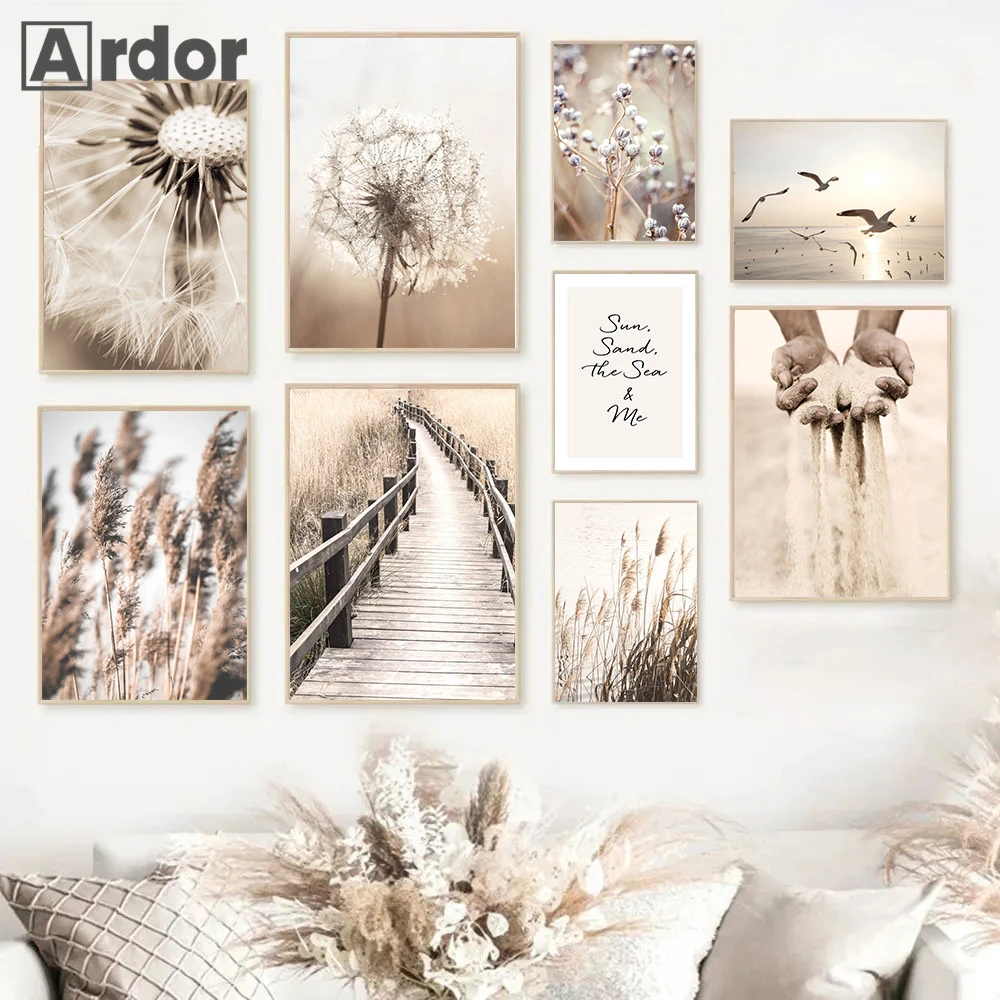 

Sunset Seagull Sand Hand Posters Reed Dandelion Canvas Pictures Beige Landscape Painting Bridge Print Nordic Wall Art Home Decor