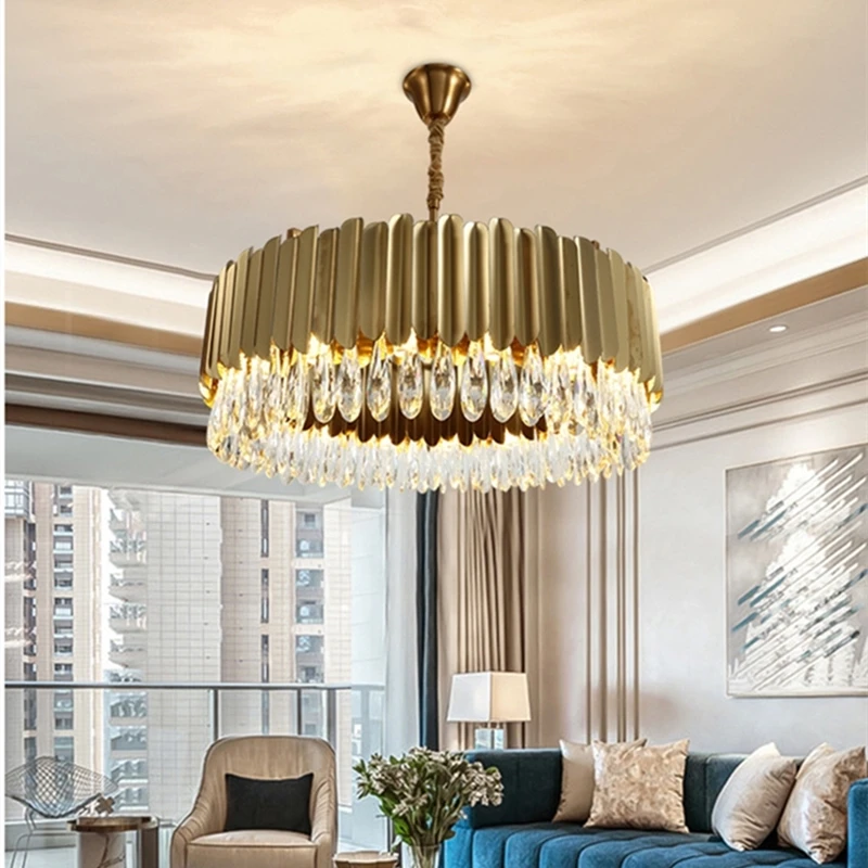 

Hong Kong Style LED Round Chandelier Living Room Bedroom Kitchen Hotel Stainless Steel Lamp Body K9 Crystal Pendant
