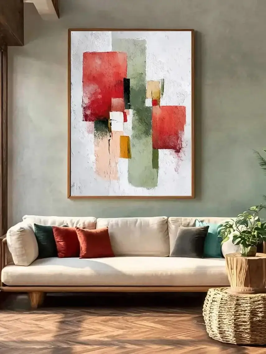 Vibrant Hand-Painted Abstract Canvas Art - Textured Red & Green Geometric Design