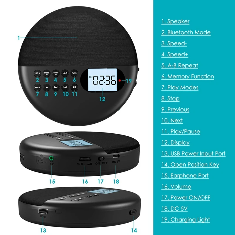휴대용 블루투스 CD 플레이어, Mp3 Cd 플레이어, 스피커 포함, 충전식 CD 플레이어, ASP LCD 디스플레이, 차량용 AUX 케이블 포함