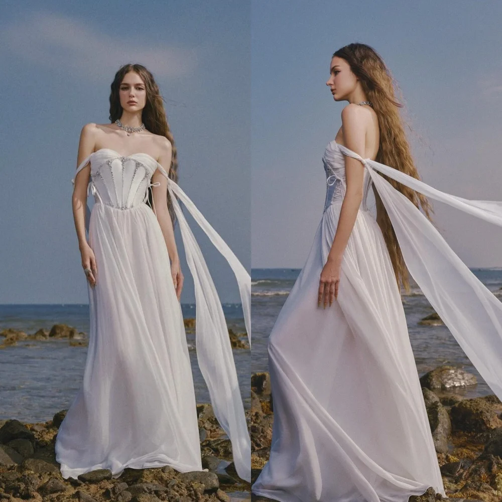 Evening Chiffon Beading Draped Pleat Clubbing A-line Off-the-shoulder Bespoke Occasion Gown Long Dresses
