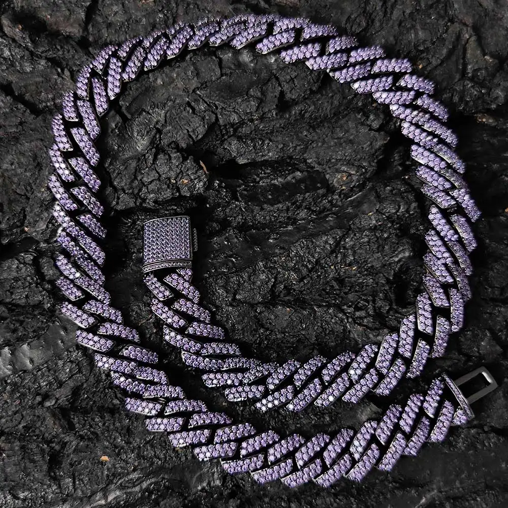 【BLACKPURPLE】Heart Crystal Cuban Chain Necklace Man Miami Mens Cuban Link Chain 15MM iced out Purple Plated