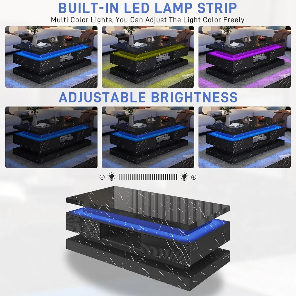 LED Coffee Table Modern High Glossy 47.2 Inch with Sliding Drawers, Double-Layer Center Table, LED Lights for Living Room Decor