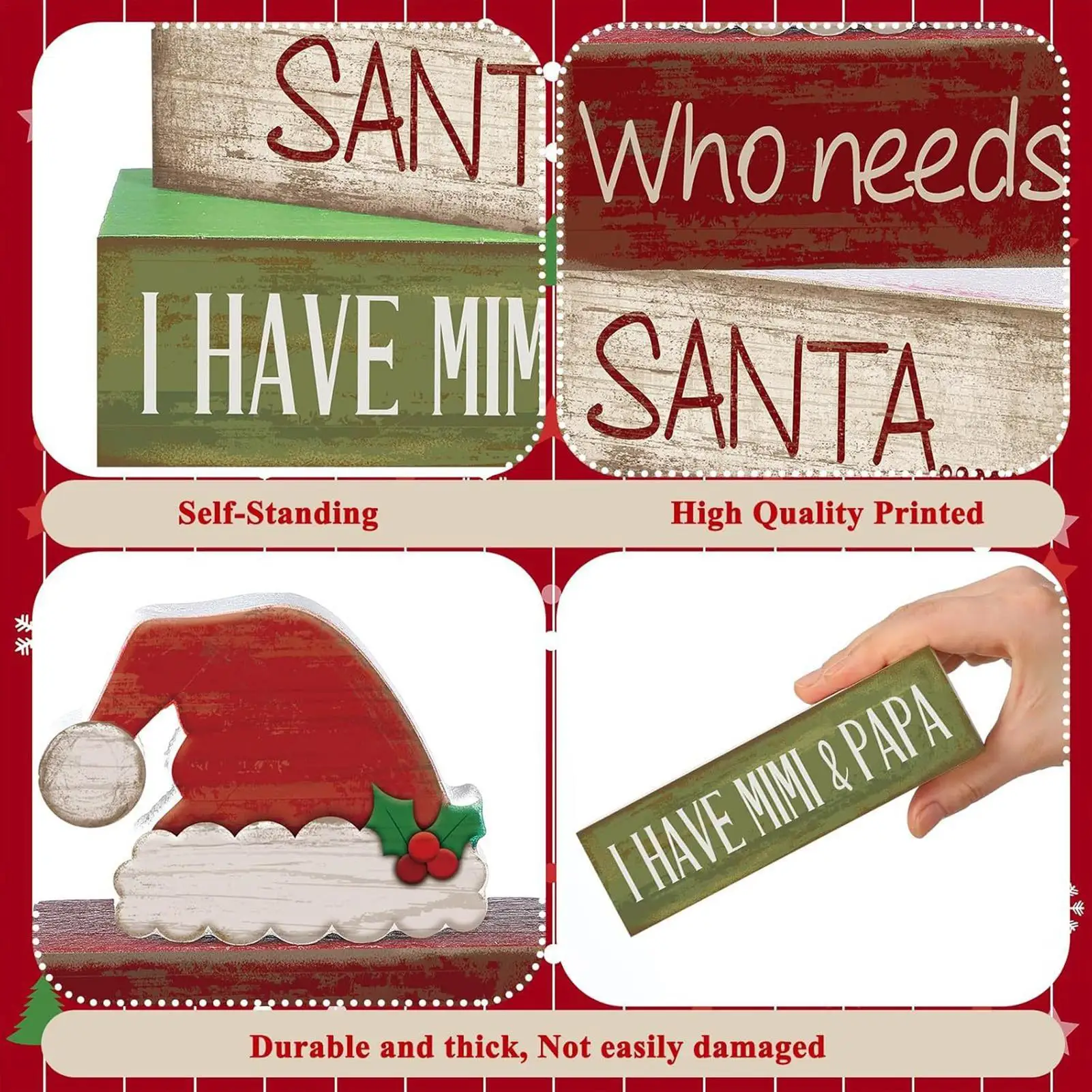 Christmas Tray Decor 4 Pieces Wooden Santa Hat Rustic Winter Tiered Tray Christmas Signs For Shelf Kitchen Bedroom Living Room