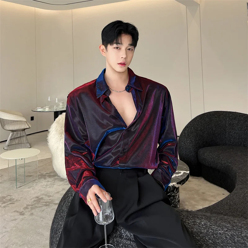 NOYMEI Male Top Futuristic Liquid Metal All-match Shiny Design Fashionable Loose Fitting Nightclub Style Men\'s Shirt WA2577