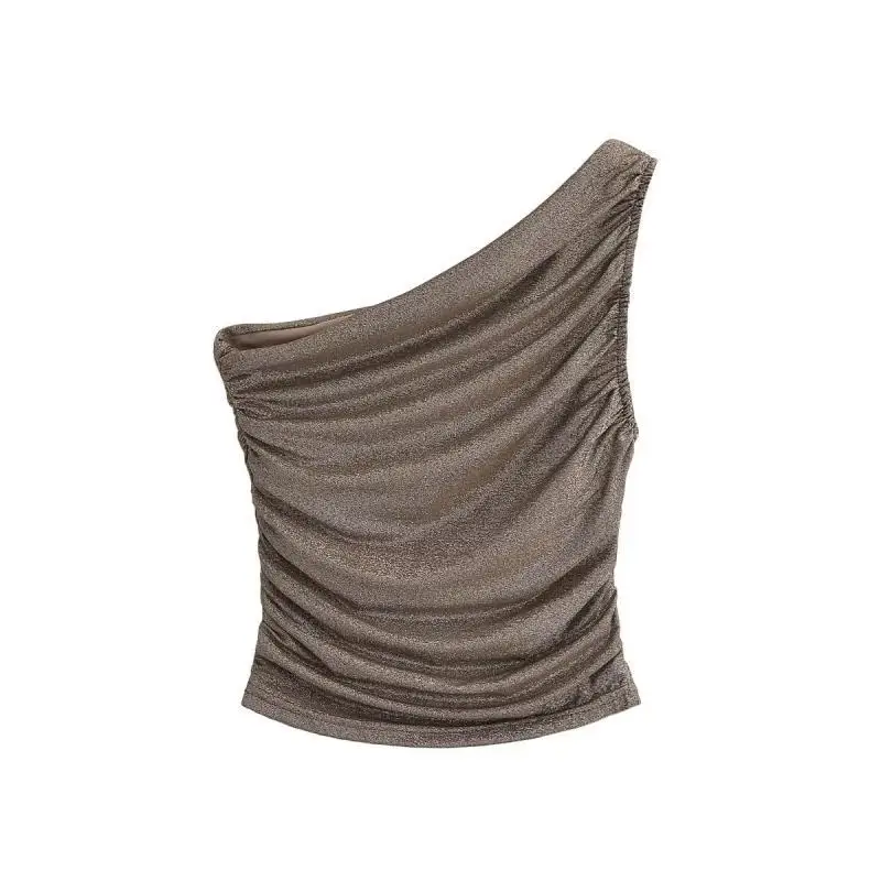 Off Shoulder Shiny Silk Pleated Tank Top Summer Crop Top Irregular Women's Sexy Club Sleeveless Camisole