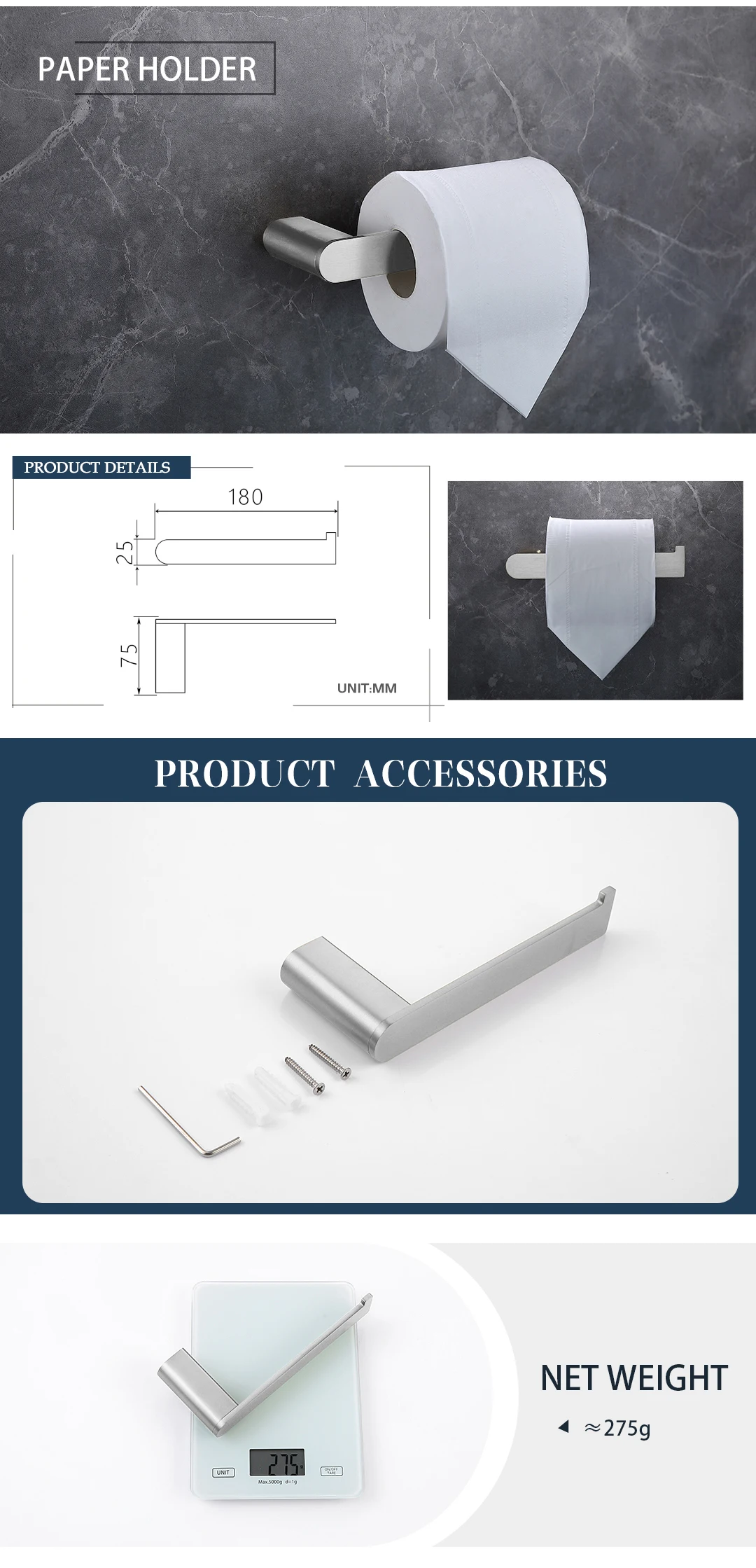 Brushed Bathroom Hardware Accessories Set  Brass Kit Towel Bar Ring Robe Hook Paper Holder Towel Ring Toilet Brush