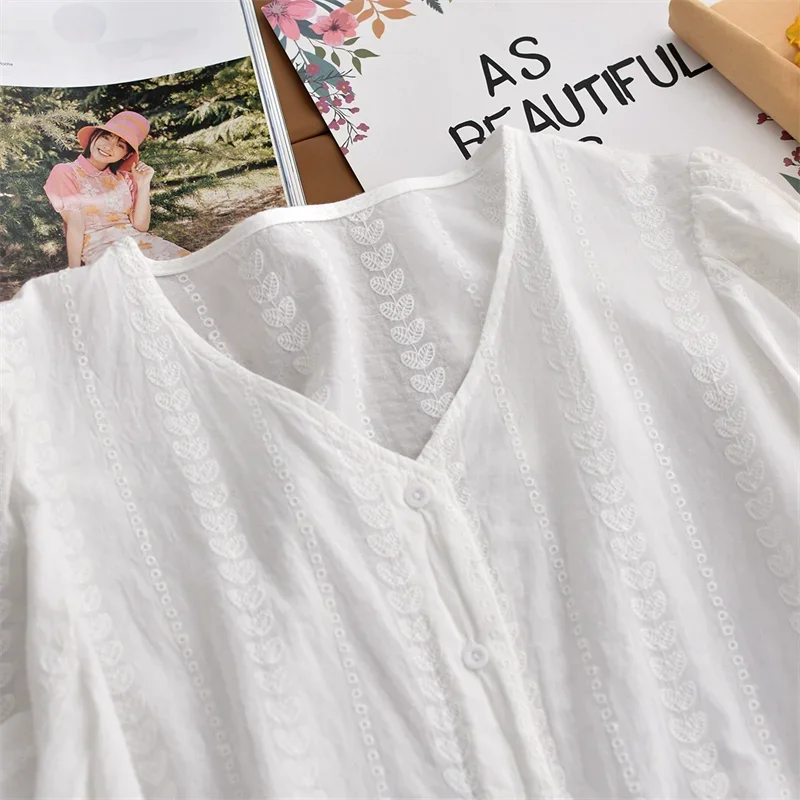 Sweet Heart Embroidery V-Neck Short Sleeve Cotton Shirt Women Summer Single Breasted Casual Ruffles Blouse Tee Top