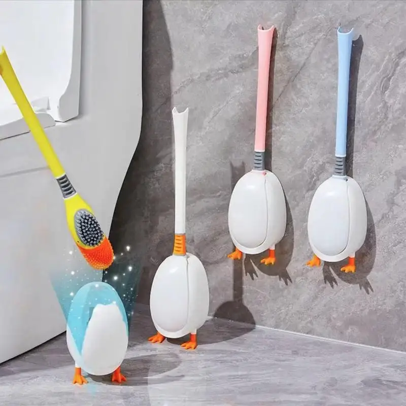 Upgrade Silicone Diving Duck Toilet Brush Flat Head Soft Bristles Brush with Holder Flexible No Dead Wc Cleaner Brush Bathroom