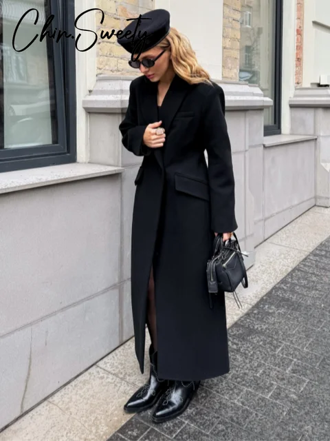 Elegant Women's Woolen Coat Black Single-Button Stand Collar Slim Lady Long Coats 2025 Autumn Winter Chic Female Streetwear New 1