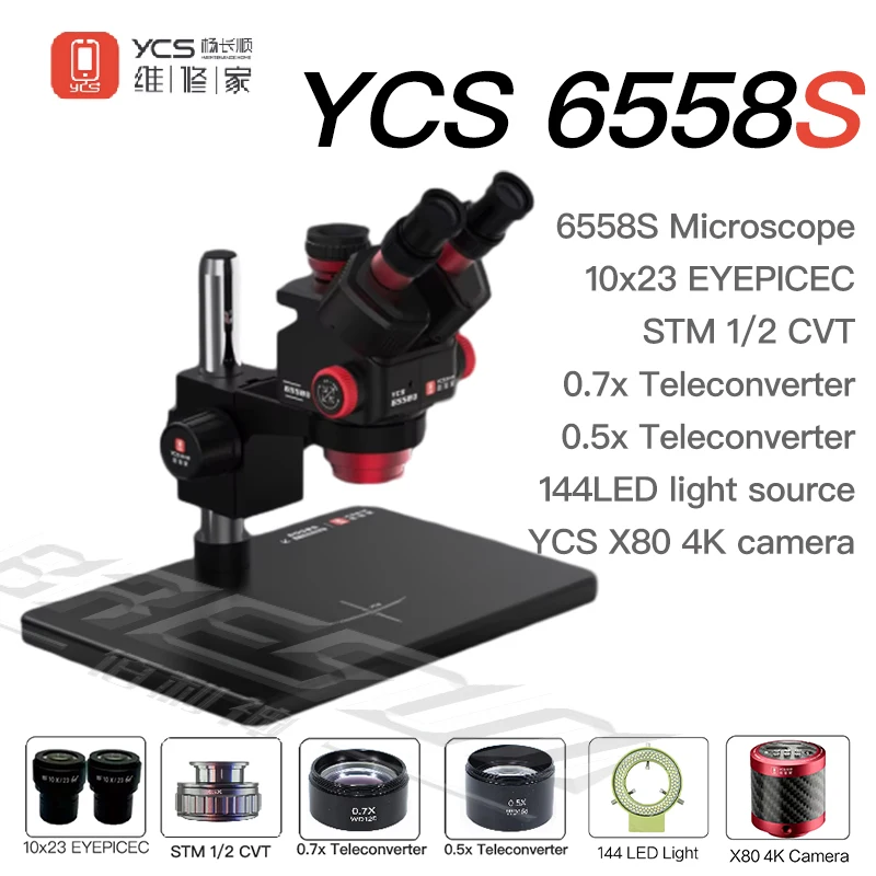 YCS HD 삼안 현미경 10x23 6.5x-75x 휴대 전화 PCB 납땜 6558-6575 시리즈 4k 카메라 LED 광원