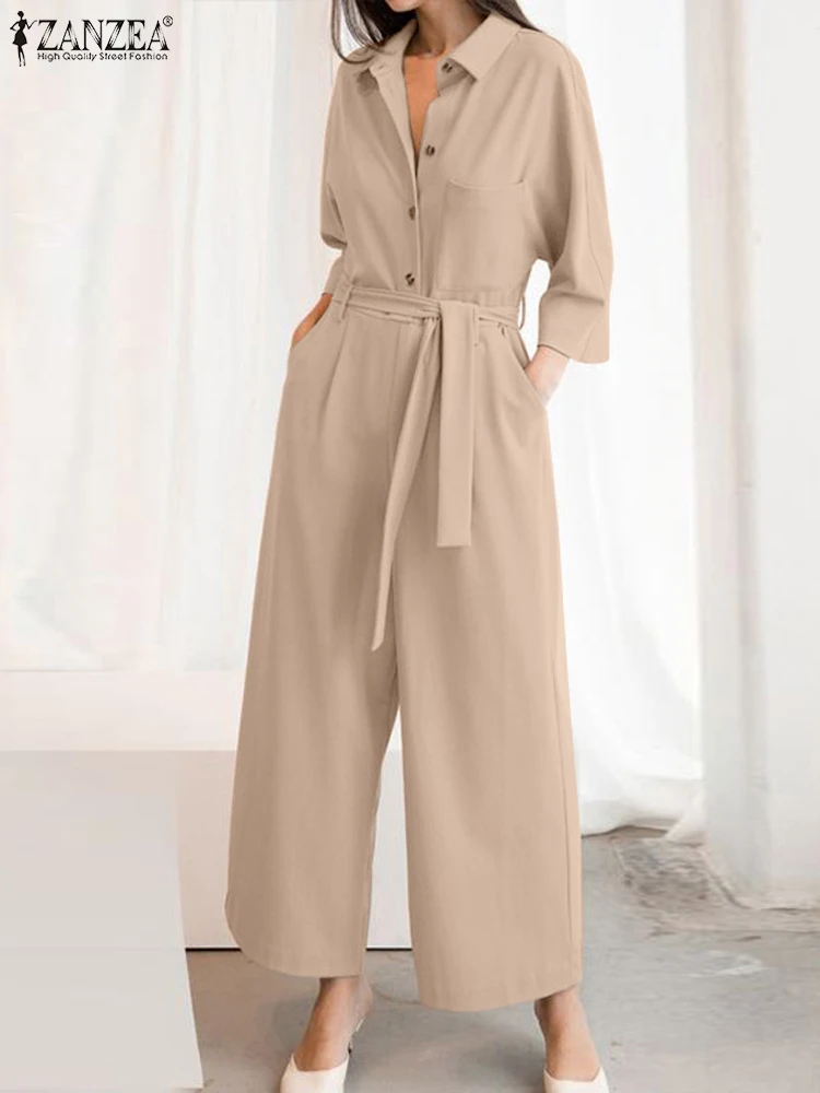 

Elegant Women Casual Loose Belted Overalls ZANZEA 2024 Spring Lapel Neck 3/4 Sleeve Jumpsuits Solid Work Long Playsuits Rompers