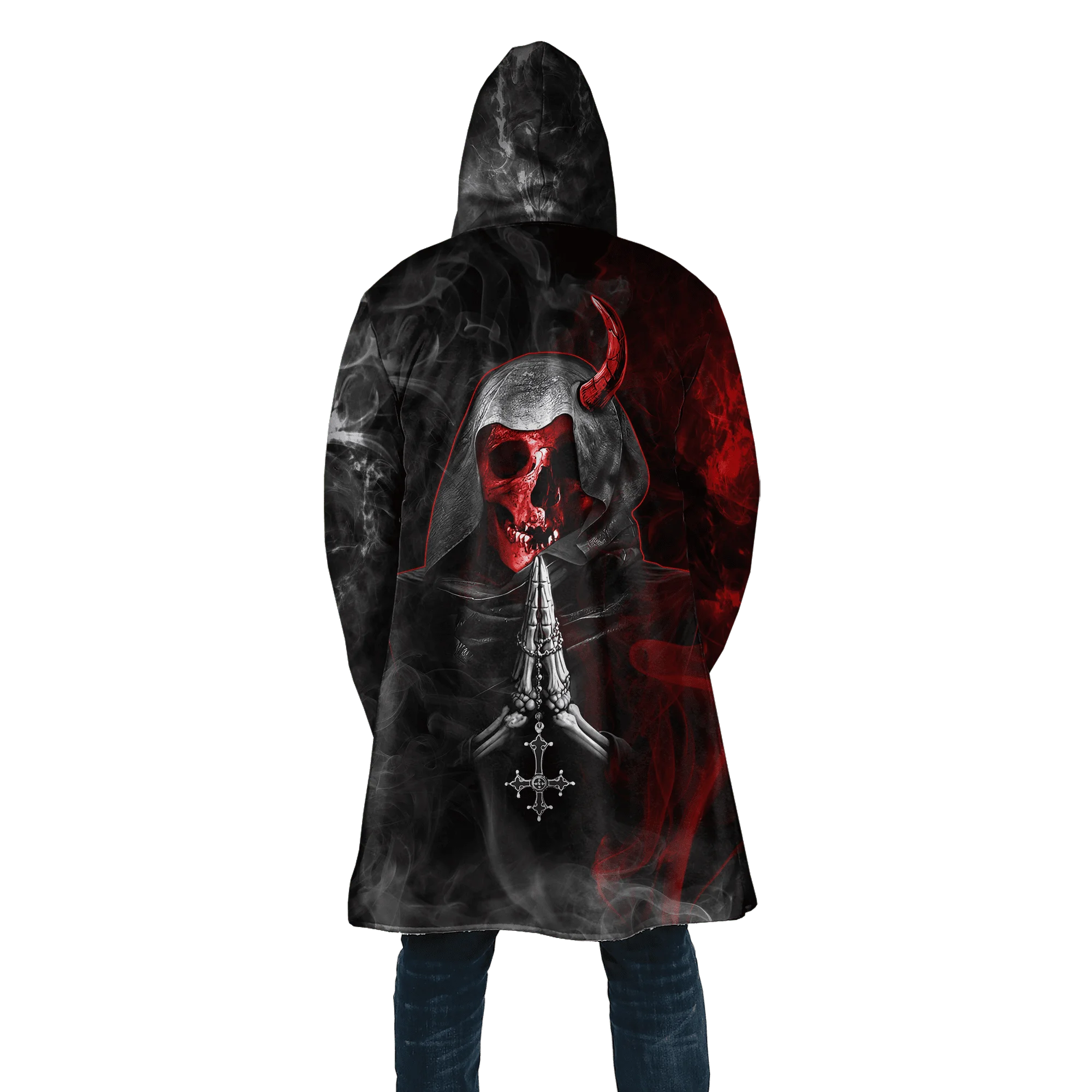 PLstar Cosmos Herren-Umhang, Totenkopf, Teufel, Tattoo, 3D-Allover-bedruckter Fleece-Kapuzenumhang, Unisex, lässig, dick, warm, Umhang, Mantel PF71 – Detail 22