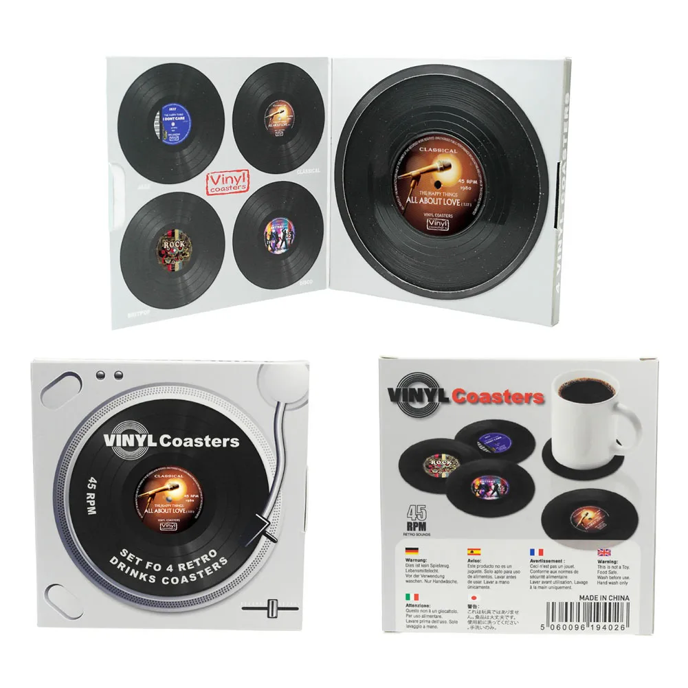 4pcs Vinyl Record Coasters Heat-resistant Spinning Drinks Coasters Practical Vinyl Record Cup Mat for Home Kitchen Decor