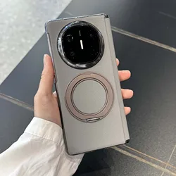 Electroplated Matte Leather Magnetic Ring Holder Case with Folding Hinge Cover for Huawei Mate X3 (Grey)