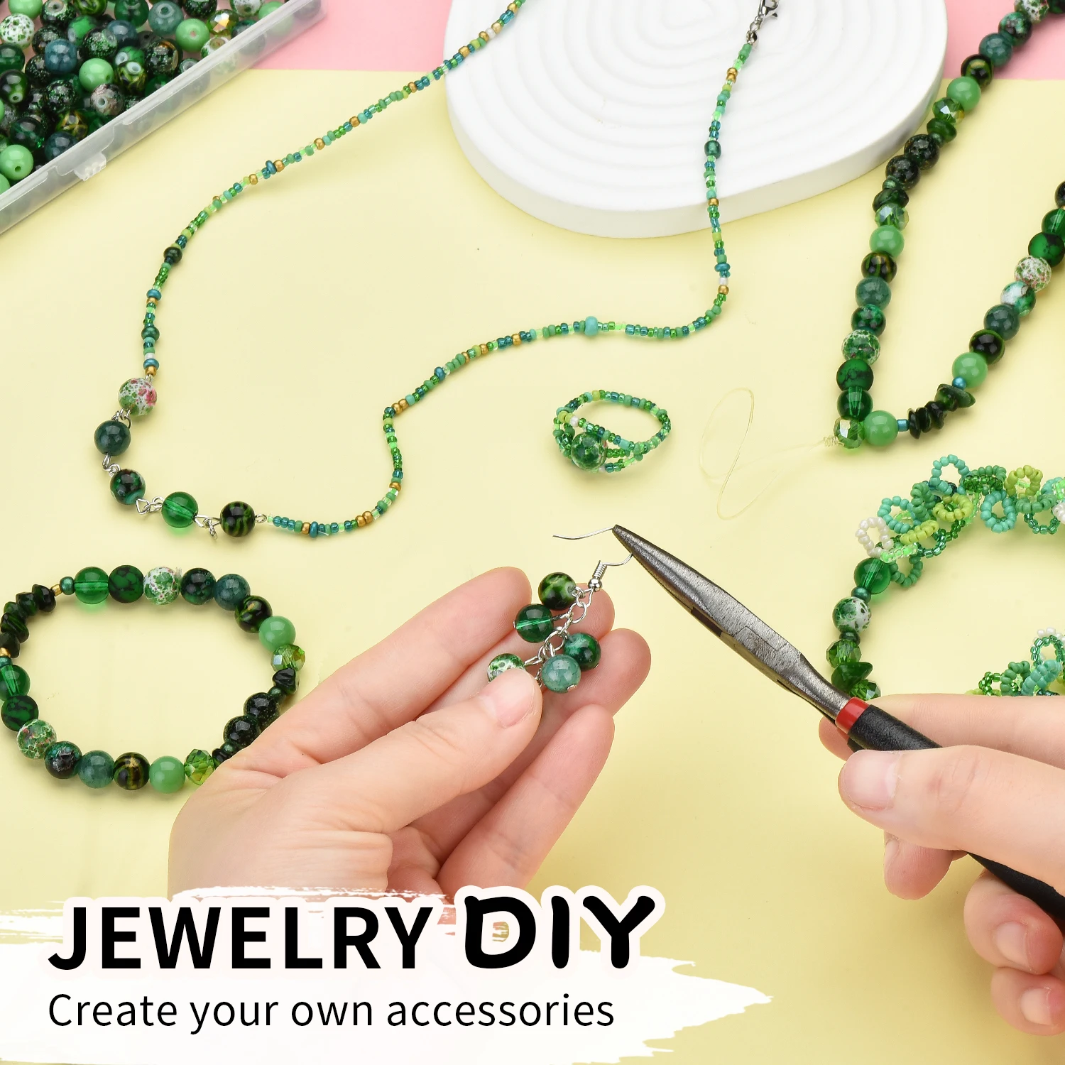 Green Glass Beads Jewelry Making Kit – Round and Seed Beads