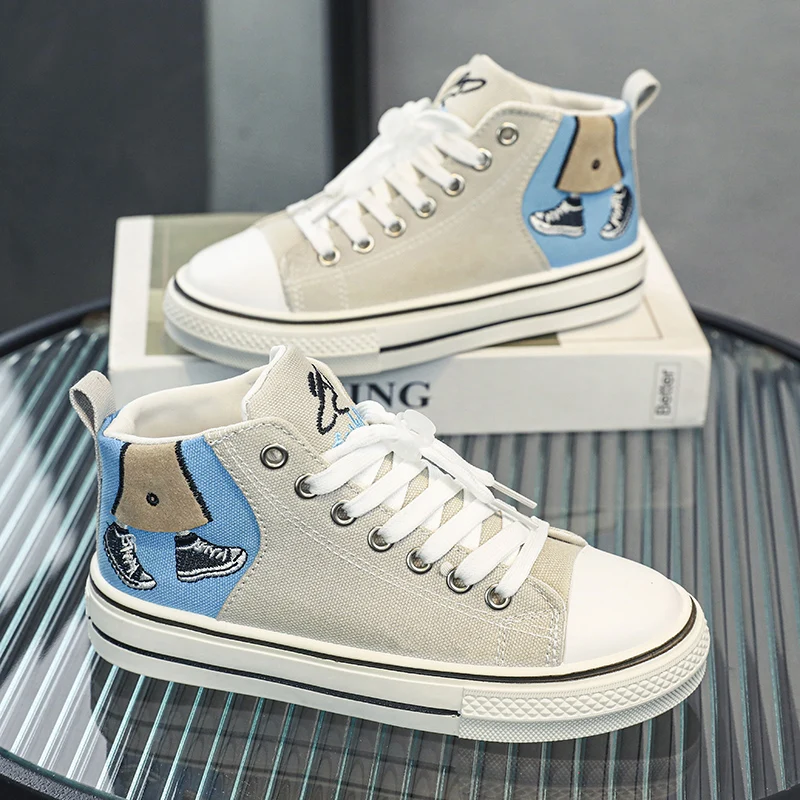 

Hot Sale Cheap Gray Men Canvas Sneakers Non-slip High Top Children Skateboard Shoes Fashion Printing Vulcanized Shoes for Man