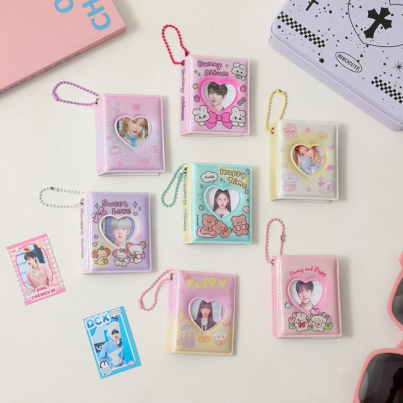 Mini Photo Album Keychain 3 Inch 16 Pockets For Small Photos Collectible Book Cartoon-Themed With Bear Rabbit Durable