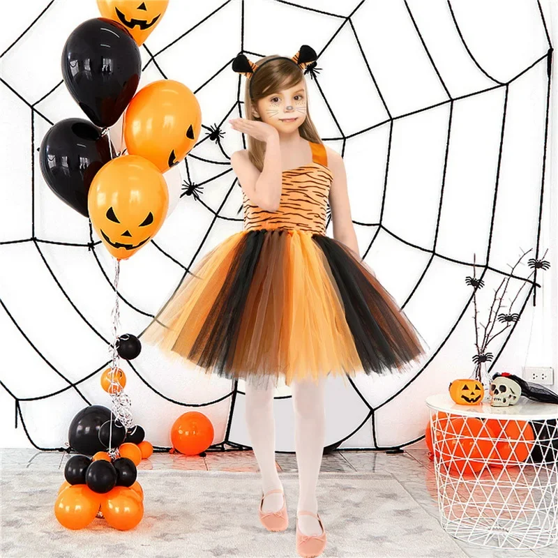 Halloween Child Animal Cat Cosplay Girls Costume Sequins Nylon Mesh Tutu Dress Headdress Tail Kids Birthday Party Fancy Dresses cosplay costume animal tutu skirt outfit kids girls dress halloween dress outfit