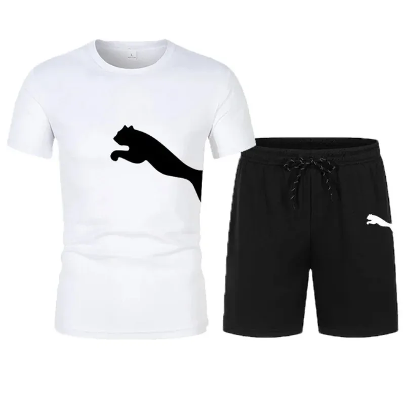New,Men's T-Shirt and Short Pants Set, Sportswear, Streetwear, Tracksuit, Cotton T Shirts, Shorts Suit, Summer, Two Piece Sets