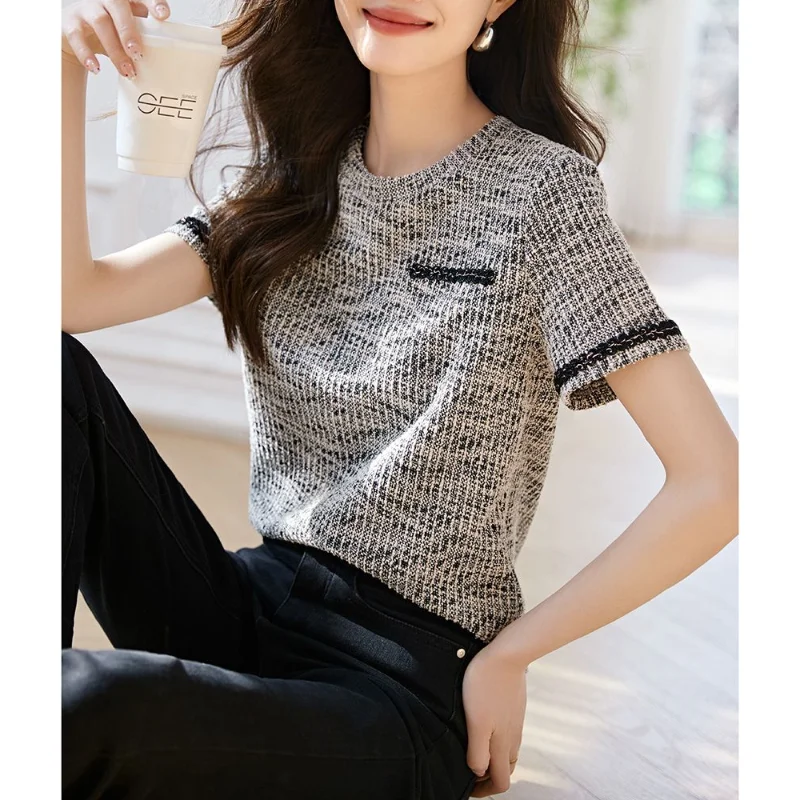 

New Spring and Summer Women's Contrast Color O-Neck Short Sleeve Loose Korean Pullovers Fashion Casual All Match Commute Tops