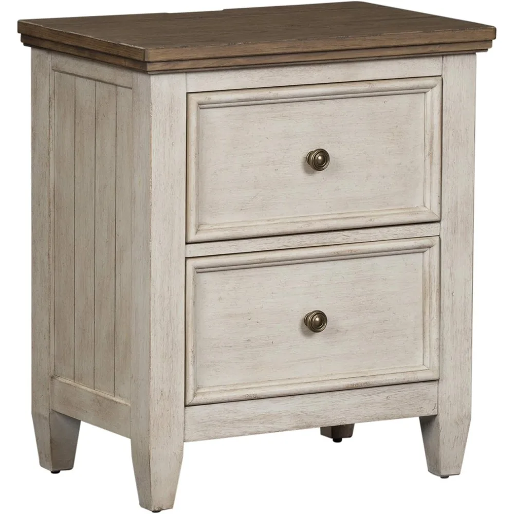 2 Drawer Nightstand Stand w/Charging Station, Antique White Nightstand 3