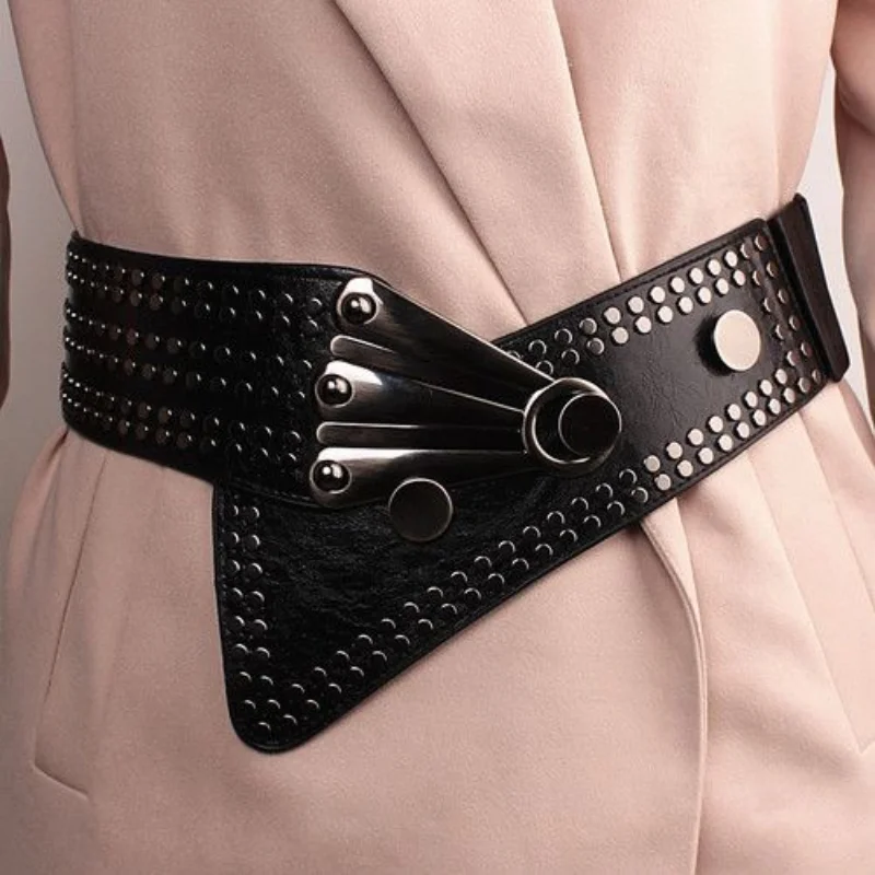 

New Luxury Black Pu Leather Waistband Women Studded Stretch Korean Fashion Wide Waistband High-end Dresses Belts