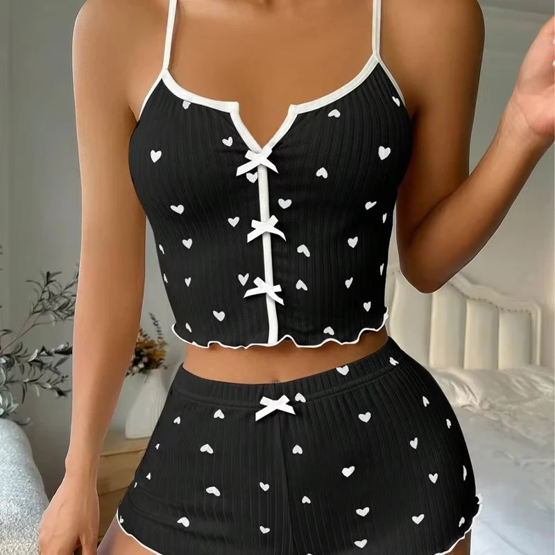 Women Pajamas Set Heart Print Silk V-Neck Sleeveless Shorts