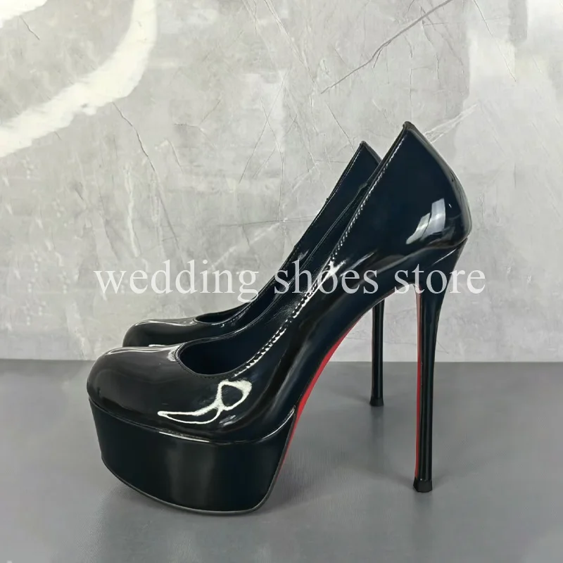 Women's Black Patent Leather Anime Super High Heels Sexy Bag Shallow Mouth Thick-soled Luxury Wedding Single Shoes Bag for Women 5