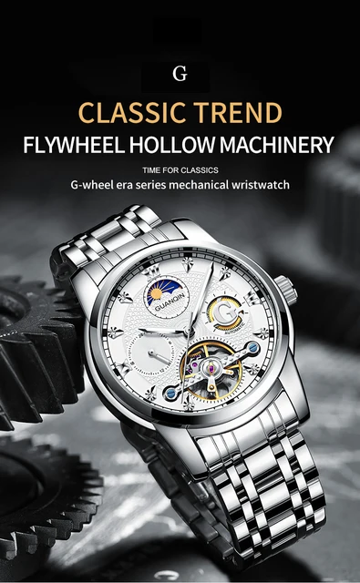 GUANQIN jam tangan mekanis pria, arloji Tourbillon otomatis, tahan