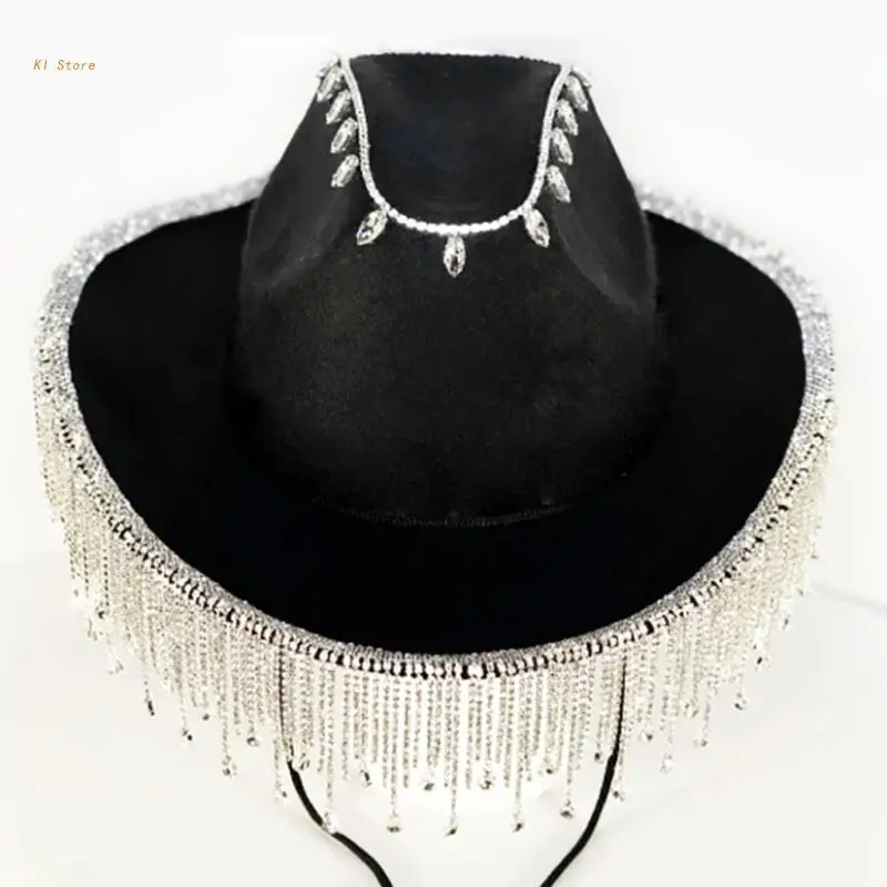 

Woman Dangle Decors Cowgirl Hat Wide Brim Fedoras Hat for Photoshoots