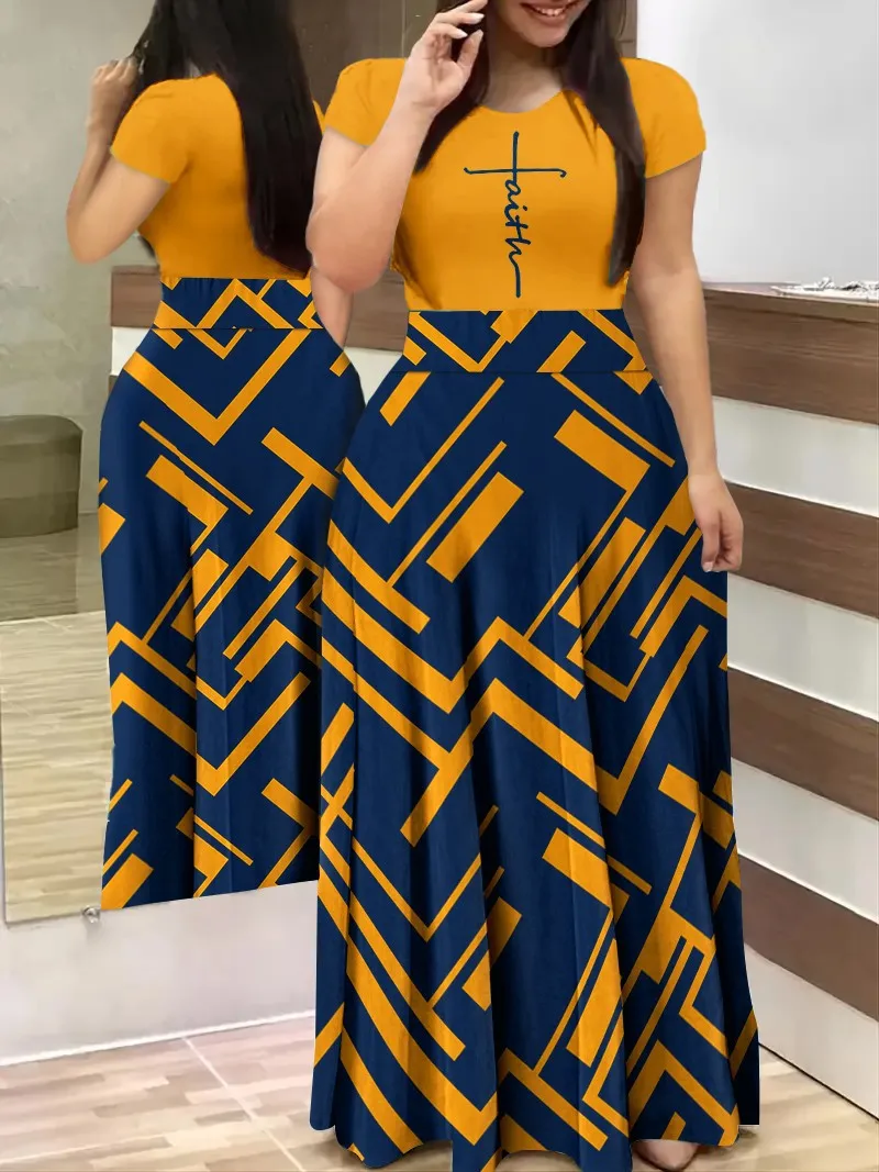 

2023 Summer New Digital Print Long Dress Female Fashion Spliced Contrasting Color Long Dress Vestidos Elegantes Para Mujer