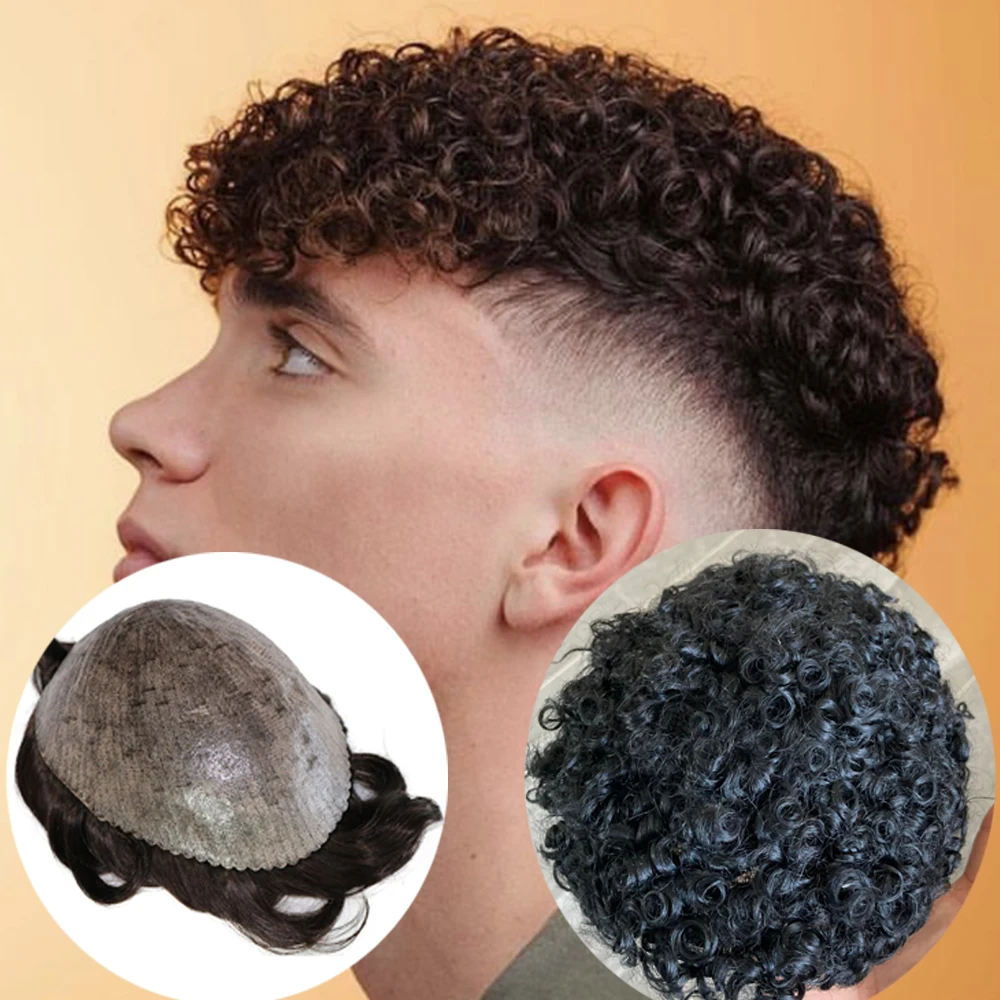 

Хороший натуральный человеческий 15 мм кудрявый мужской парик прочная тонкая кожа на полной ПУ основе мужской протез волос система естественных волос