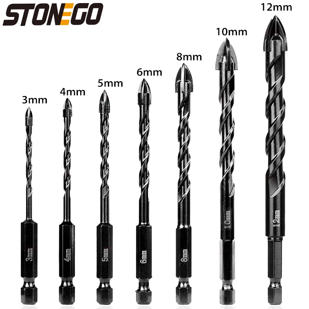 STONEGO Hard Alloy Cross Hex Tile Bits Set - 7PCS/10PCS Hole Openers for Wood, Glass, Porcelain Tile & Concrete 6 35mm hexagon shank spiral fluted cross alloy drill bit for tile brick wall concrete glass ceramic wood aluminum plastic steel