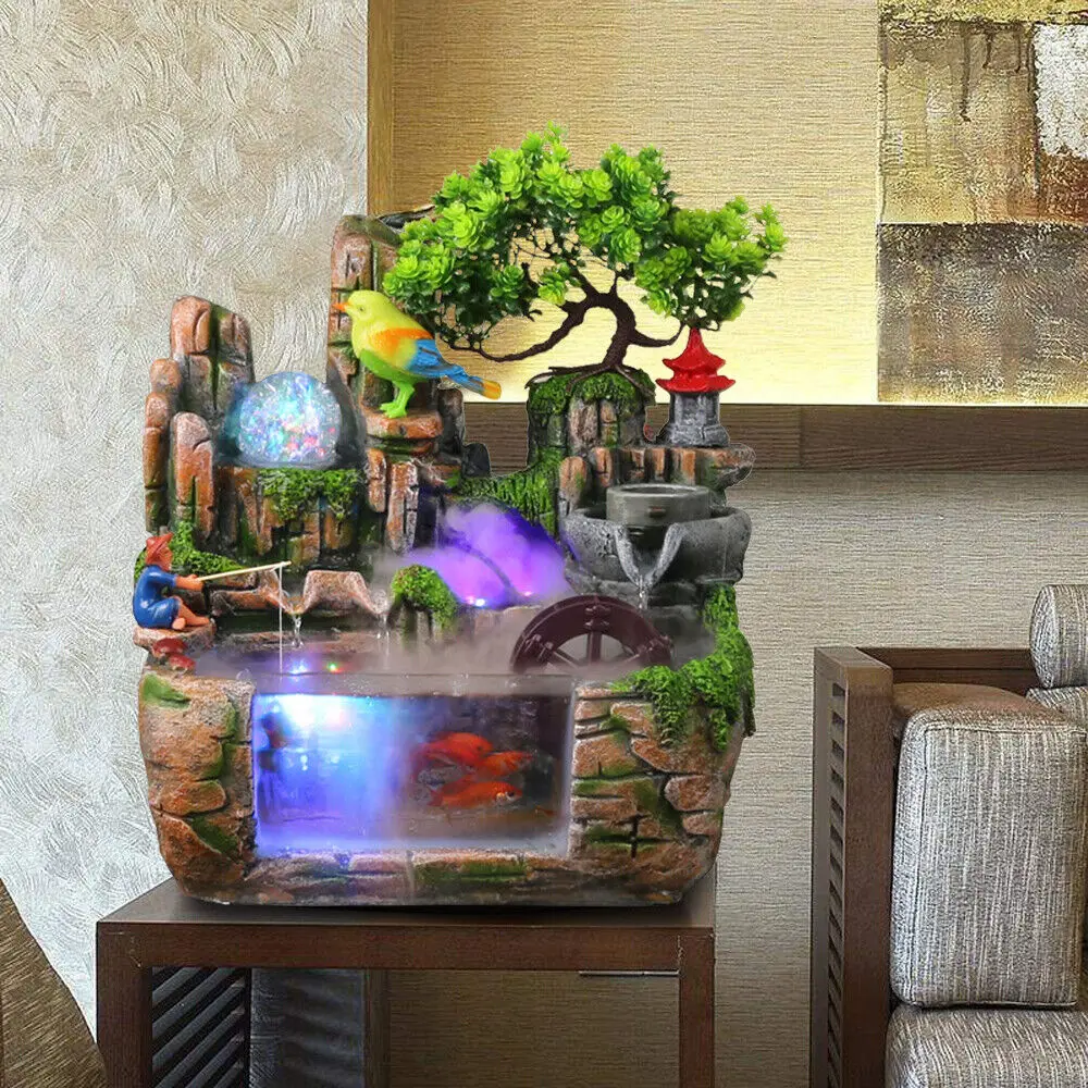 

Tabletop Waterfall Rockery Water Fountain Indoor Relaxation LED Resin Ornament Table Small Rock Desktop Lamp Office Decor
