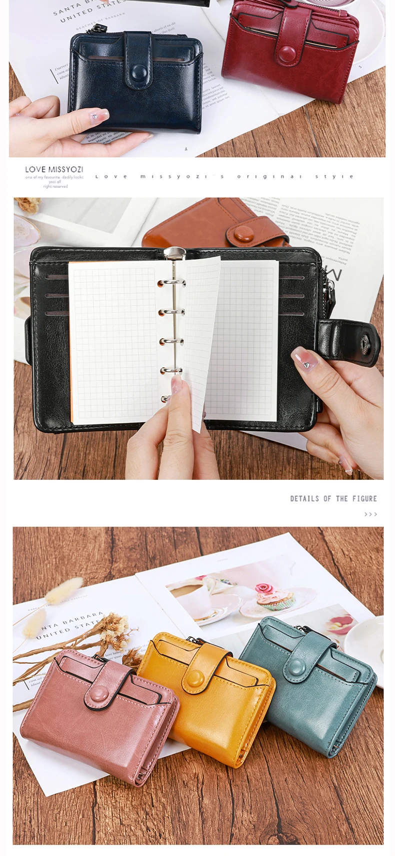 M5-Binder-Notizbuch, Multifunktions-Geldbörse, Kartenhalter, Mädchen, tragbar, weiches Leder, kleiner Notizblock, mit 40 Innenseiten – Detail 7