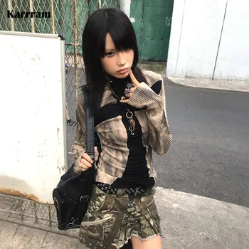 Karrram Giapponese Y2k A Coste Magliette E Camicette Vintage Harajuku Croce Stampa T-Shirt Grunge Estetica Manica Lunga Patchwork Magliette E Camicette Trashy 2000s 1