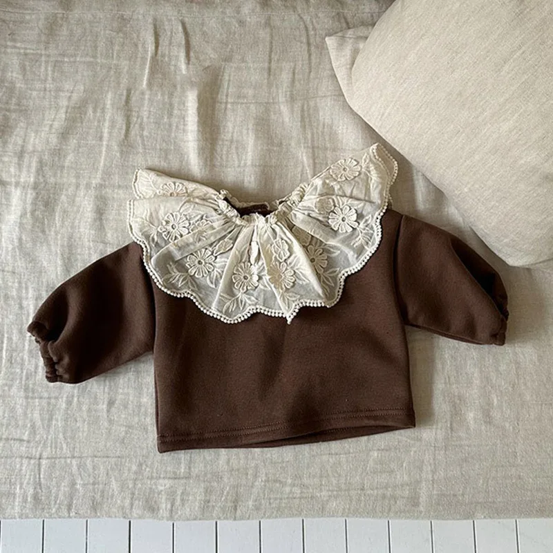 Winter New Baby Long Sleeve Fleece Sweatshirt Girls Large Lace Collar Pullover Sweatshirt Plus Velvet Thick Infant Clothes
