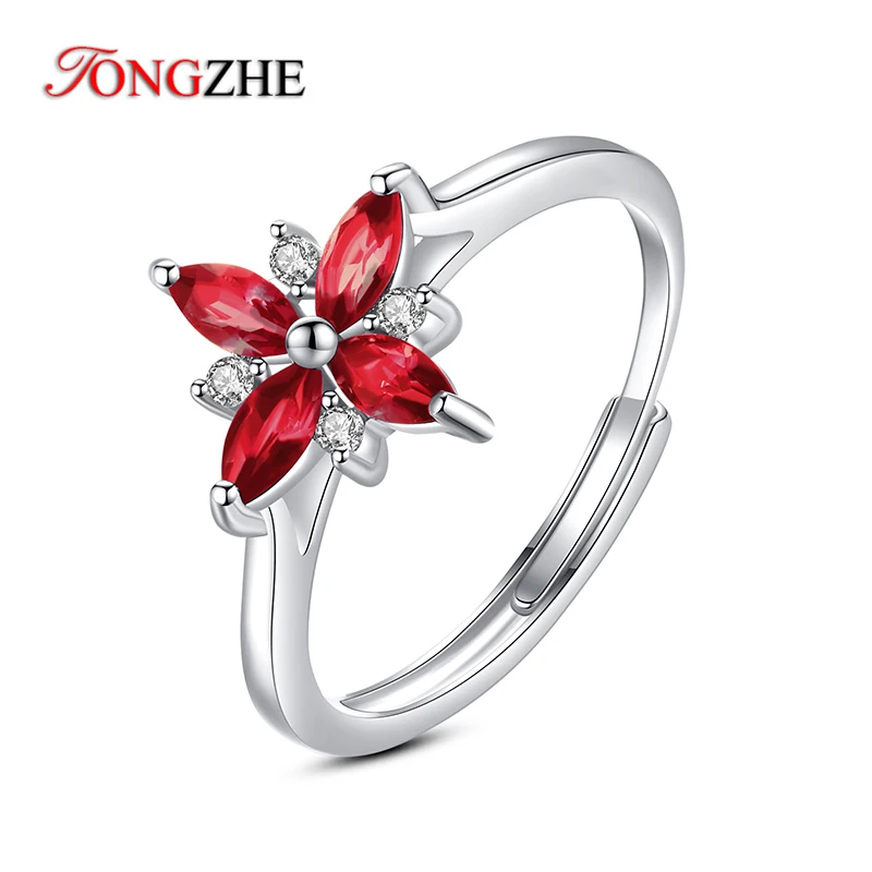 Tongzhe Flowers Creato Ruby 925 Sterling Silver Statement Ring Per Donna Fashion Red Gemstone Jewelry Anniversary Gift