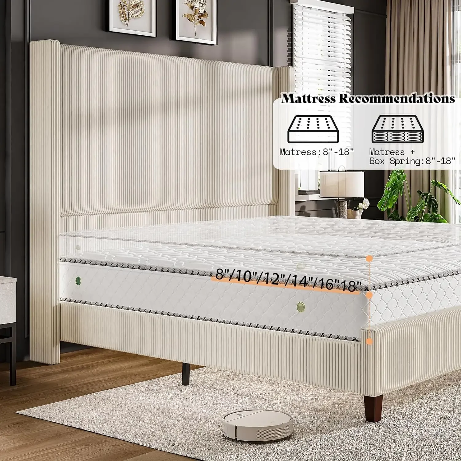 Queen Size 62" Corduroy Upholstered Bed Frame, Luxurious Platform Bed with Extra Tall Wingback Headboard and Vertical Stripe 5