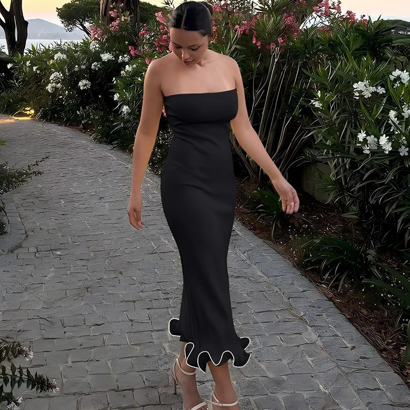 Vestido largo sexy sin espalda para mujer, elegante, ajustado, con ondas, orejas de hongo, patchwork, manga larga, otoño, nuevo