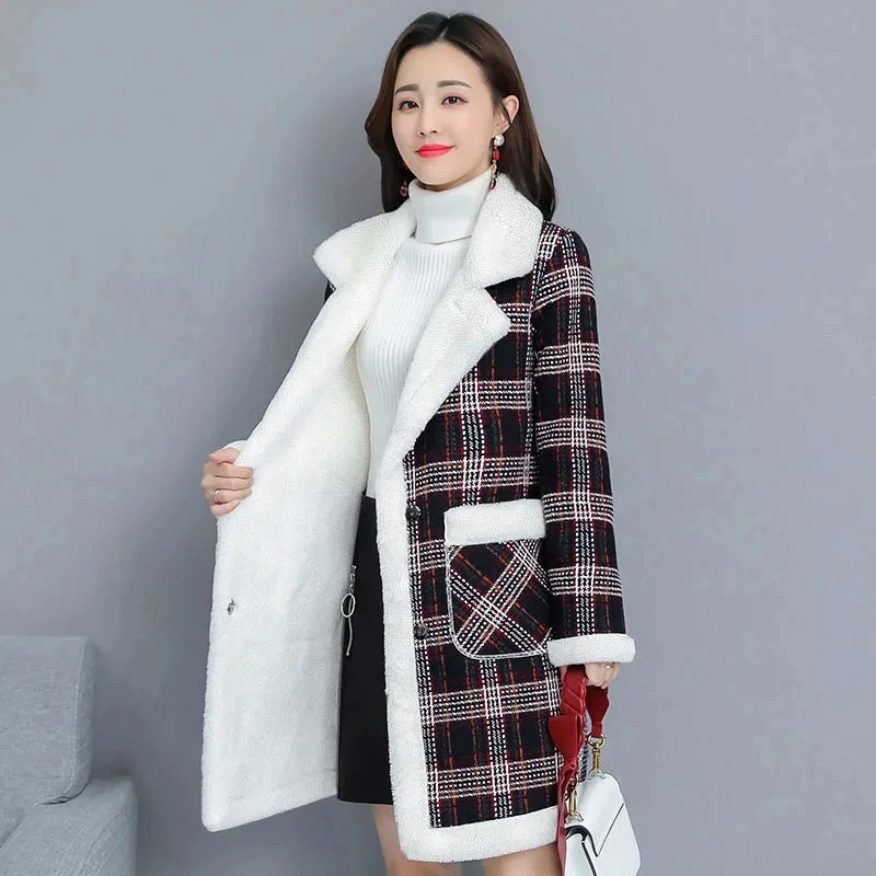 Trend Winter New Women Jacket Faux Lamb Woolen Coat Lattice Thicken Plus Velvet Mid Long Female Cloth Overcoat Warm Cotton Jacke